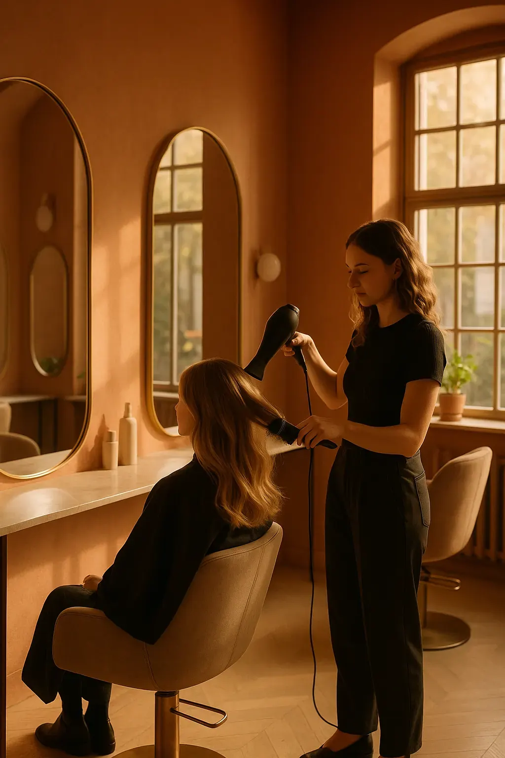 Stylist blow-drying a client's hair at Studio Nove